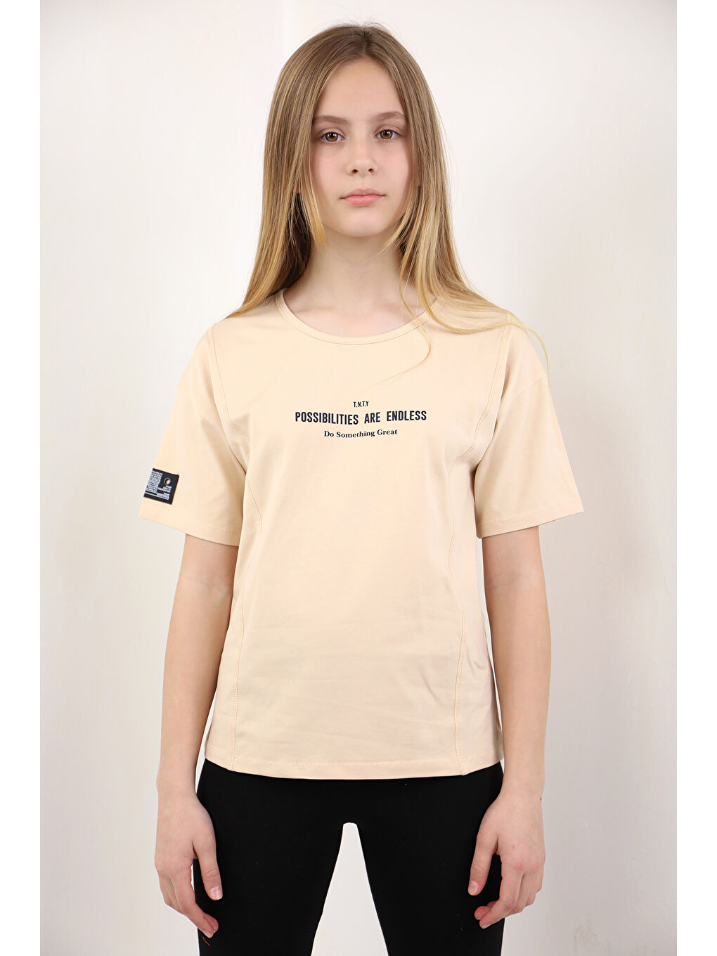 Bej Kız Çocuk Baskılı Tişört-1