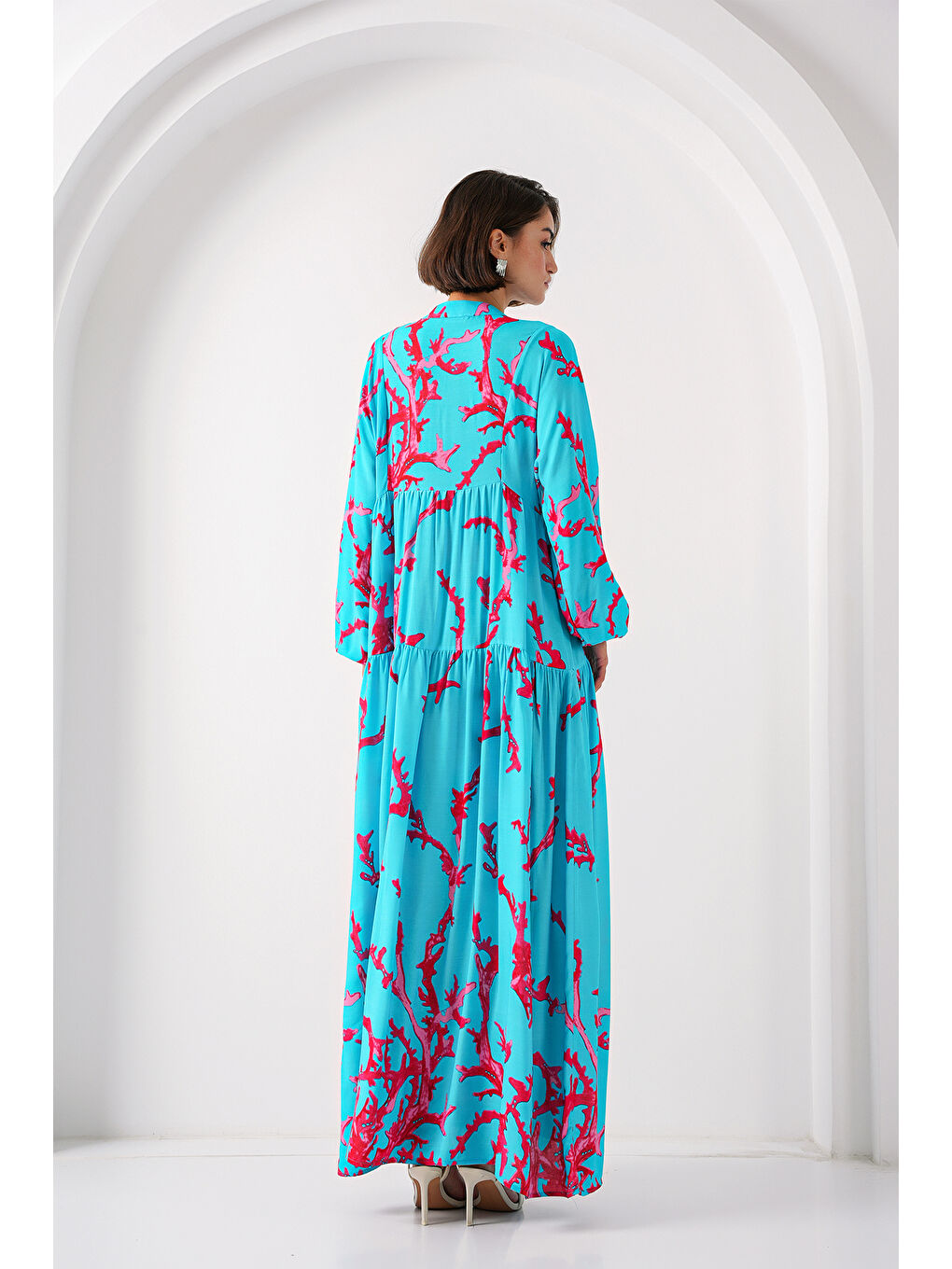 2423 Otantik Desenli Tesettür Elbise - Buz Mavi-3