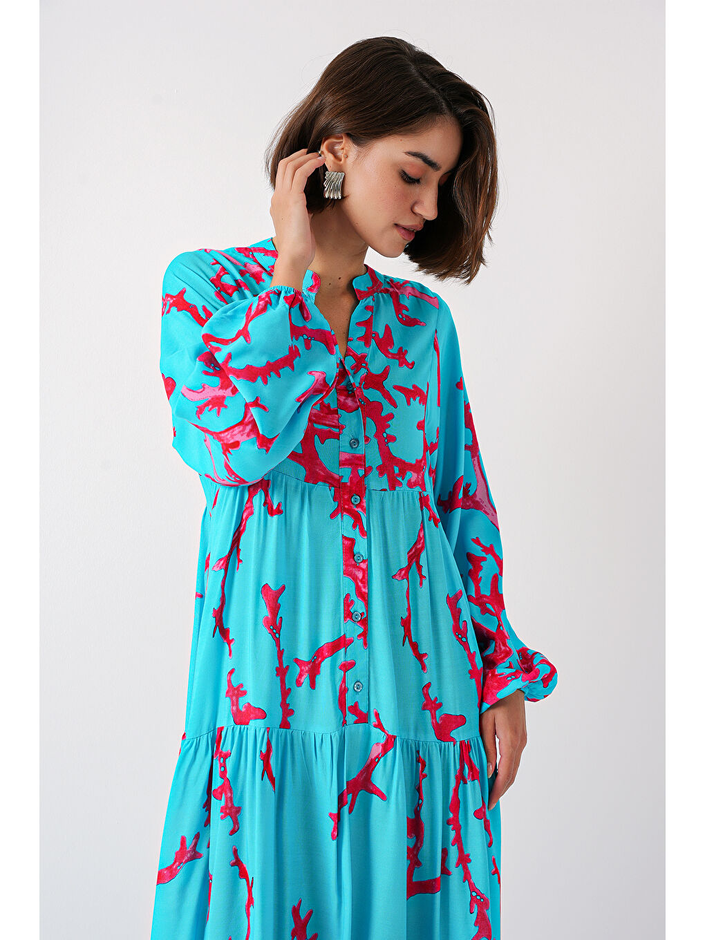 2423 Otantik Desenli Tesettür Elbise - Buz Mavi-4