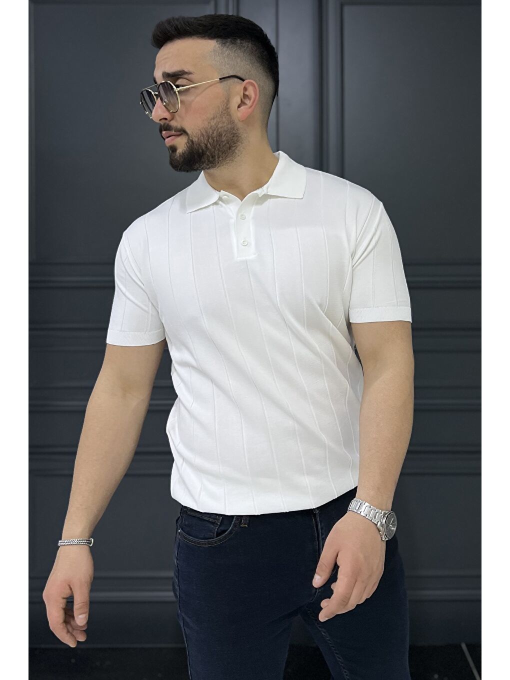 Beyaz Polo Yaka Yarım Düğmeli Erkek Triko Tişört-1