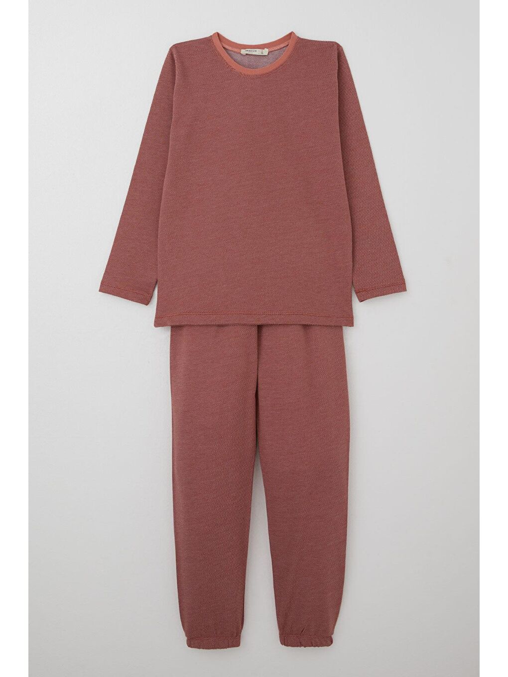 Kahverengi Erkek Çocuk Pijama Takımı Verev Çizgi Desenli Kiremit (9-12 Yaş)
