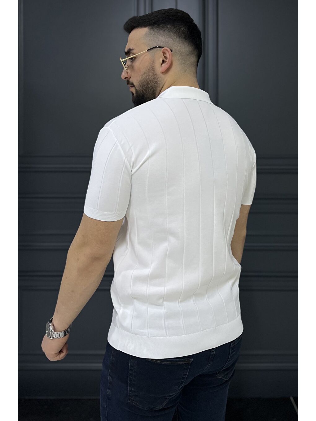 Beyaz Polo Yaka Yarım Düğmeli Erkek Triko Tişört-2