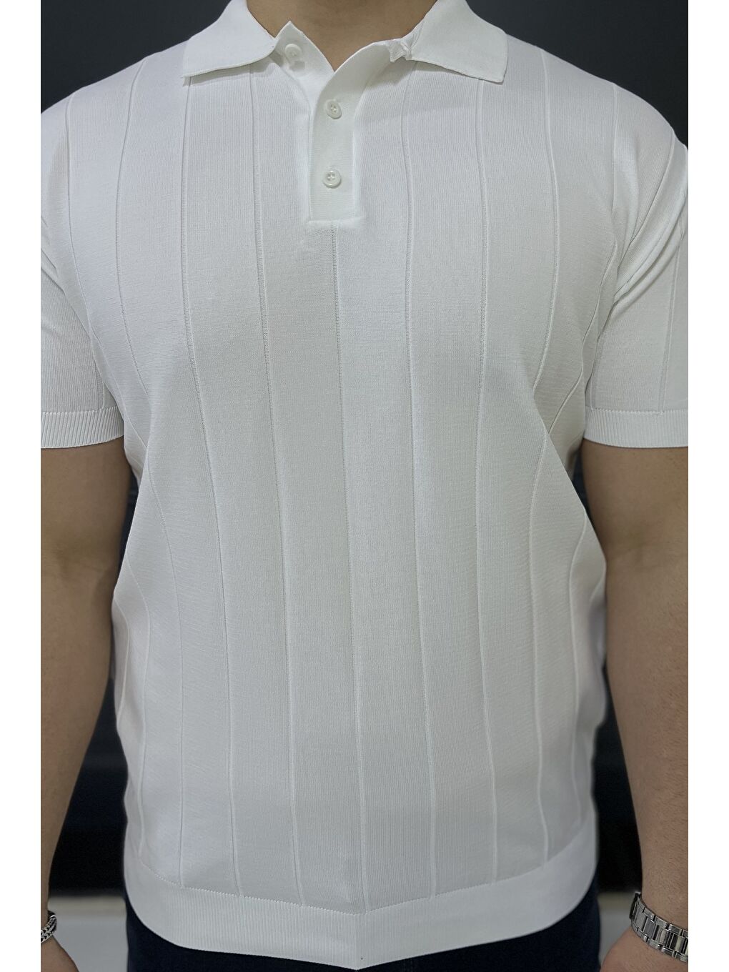 Beyaz Polo Yaka Yarım Düğmeli Erkek Triko Tişört-3
