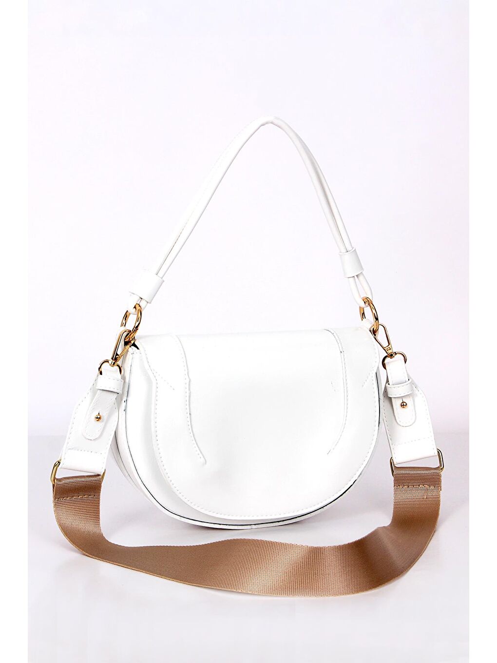 Beyaz Valencia Gold Detaylı  ve Konforlu Kadın Omuz ve Çapraz Çanta BP 4852O