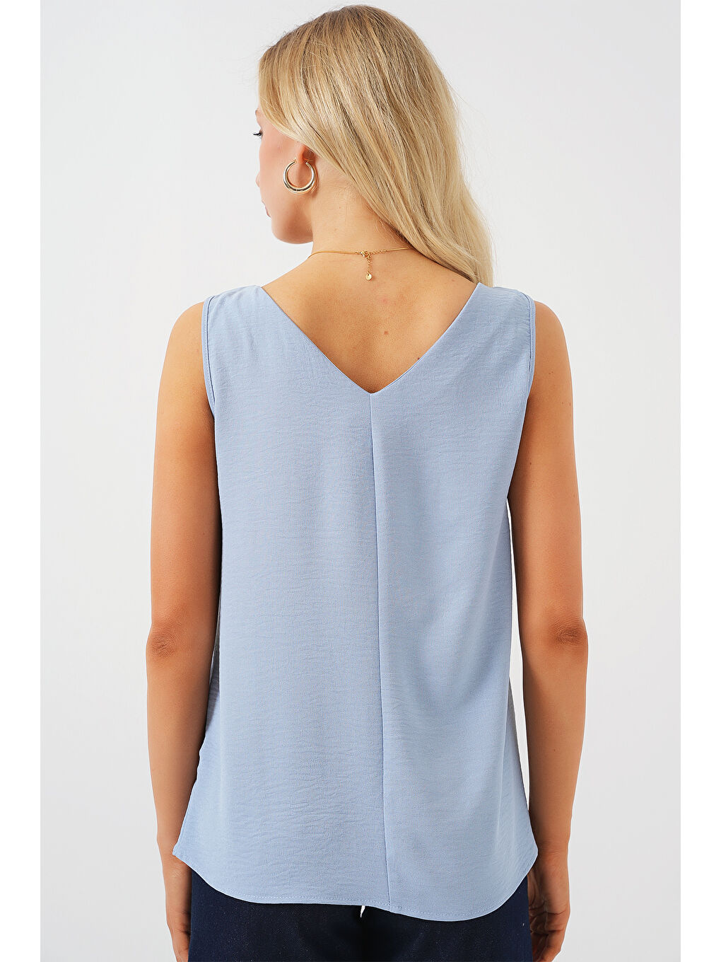 V Yaka Sıfır Kol Bluz 950 - Mavi-5