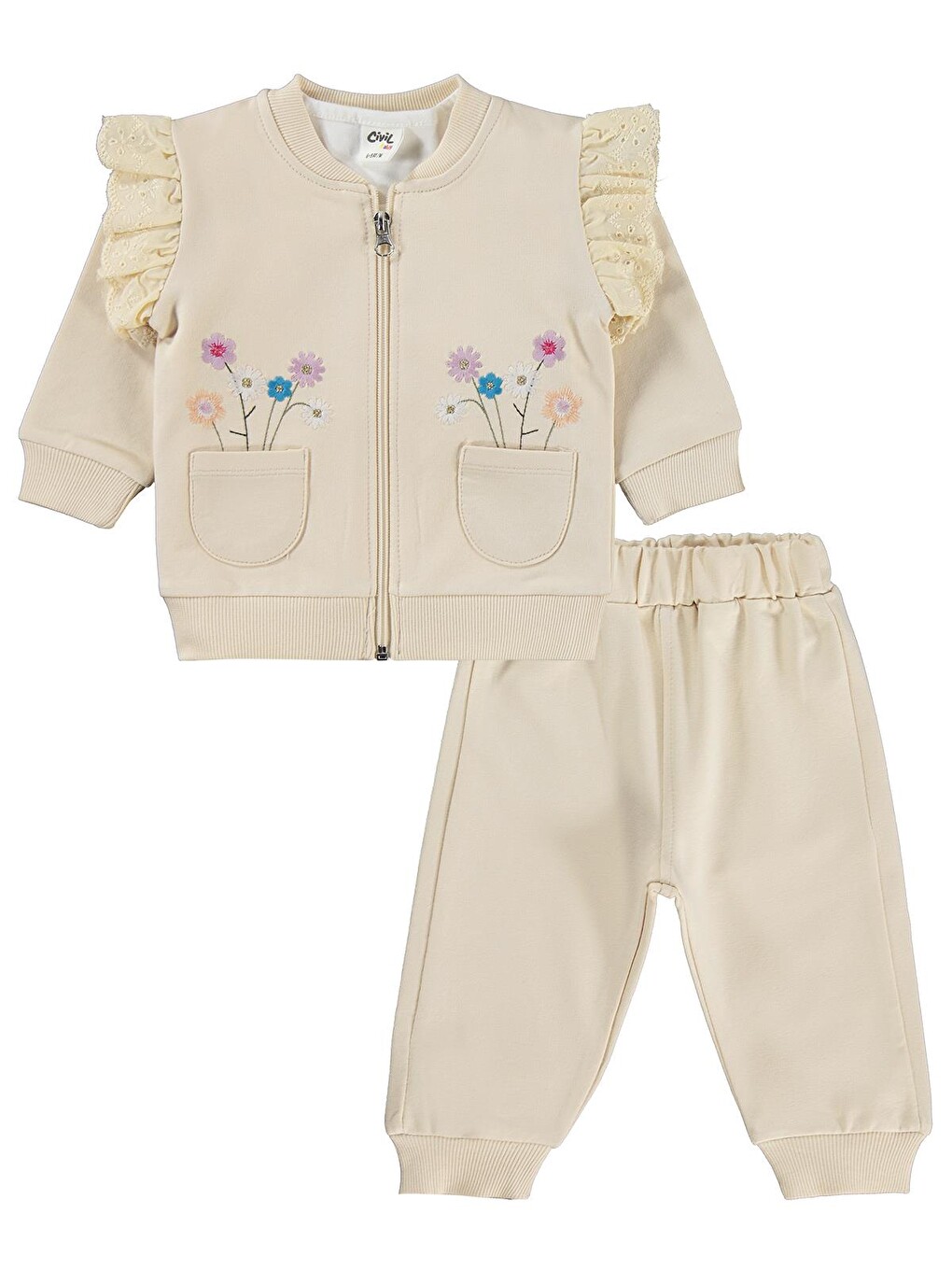Baby Çiçek Nakışlı Hırkalı 6-18 Ay Takım - Bej-1