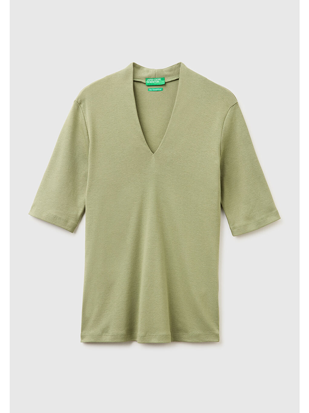 Kadın Haki %100 Pamuk Yarım Kollu Derin V Yaka T-Shirt