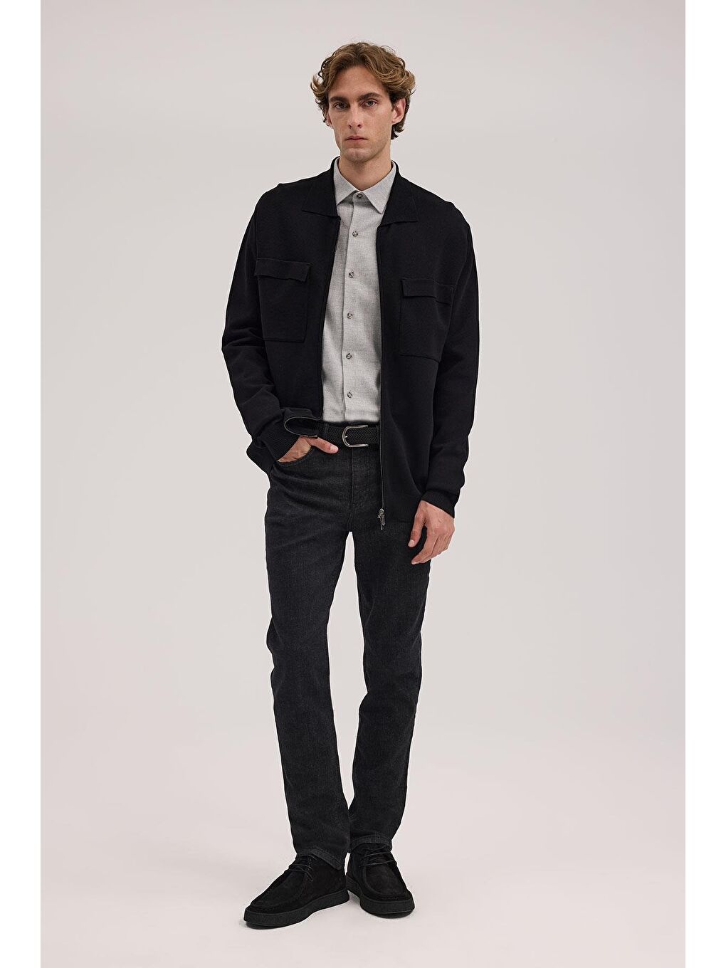 Siyah Slim Fit Bebe Yaka Fermuarlı Cepli Rayon Triko Ceket-1