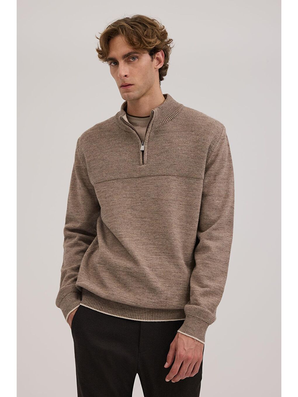 Bej Kahve Slim Fit Fermuarlı Triko Kazak