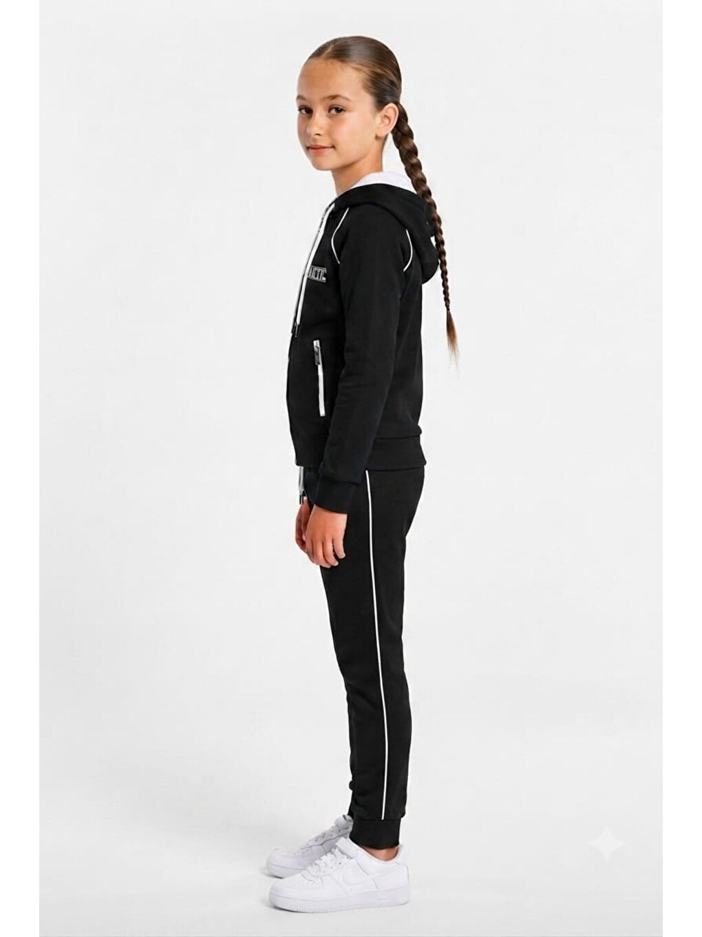 Siyah Kız Çocuk Scuba Atheletic Reglan Kol Kapüşonlu Dalgıç Kumaş Eşofman Takımı Esf7027-1