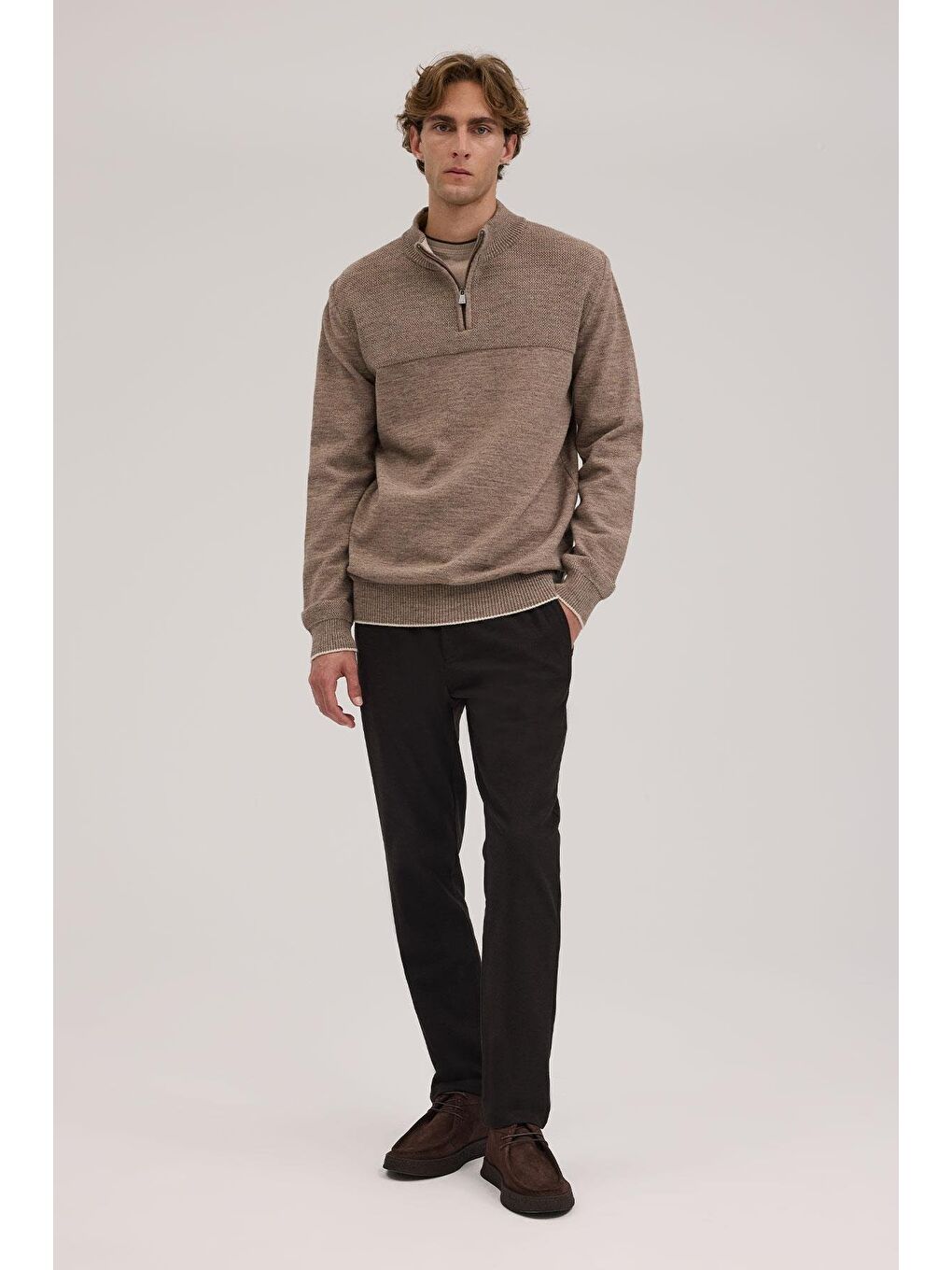 Bej Kahve Slim Fit Fermuarlı Triko Kazak-1