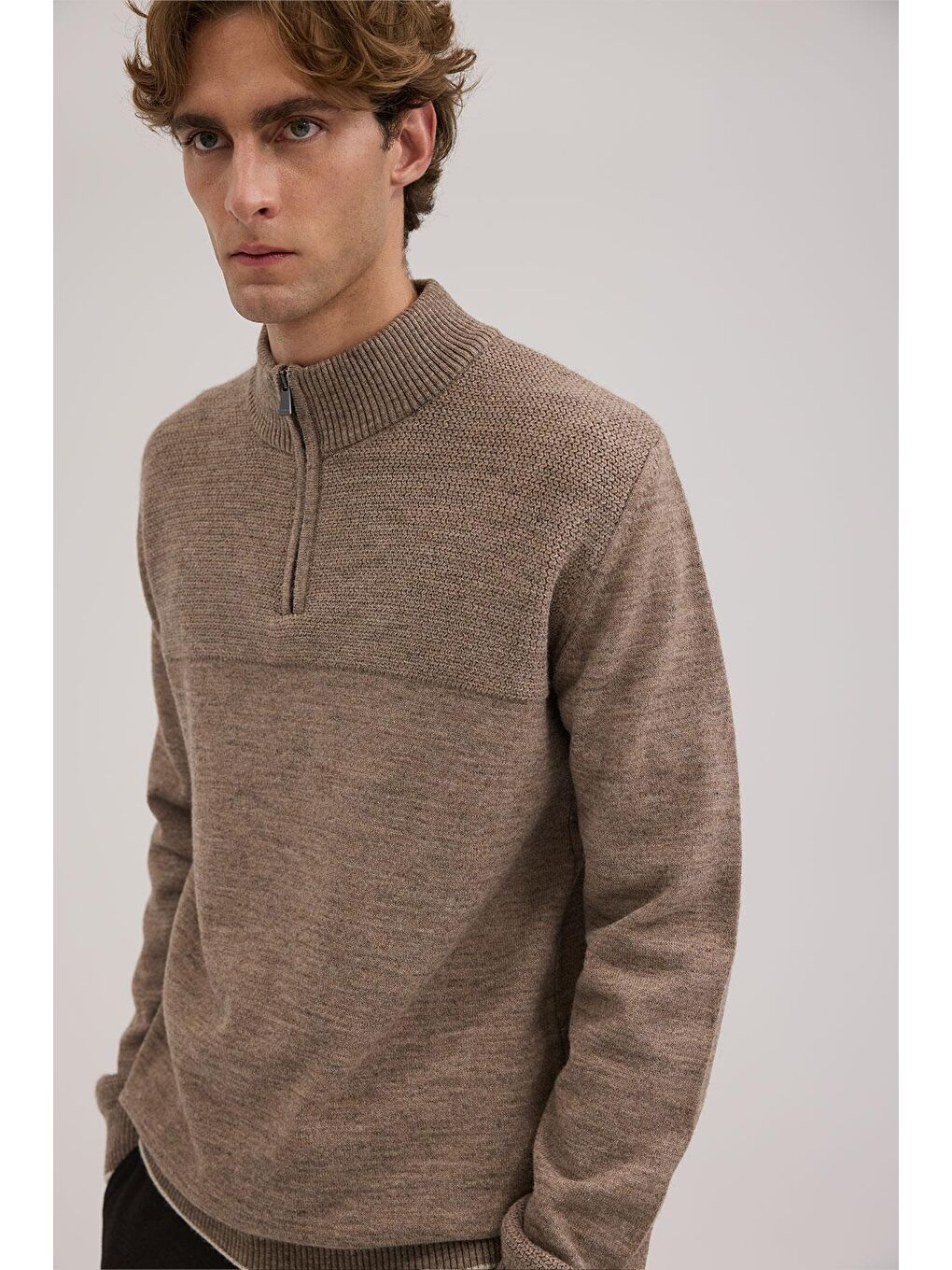 Bej Kahve Slim Fit Fermuarlı Triko Kazak-2