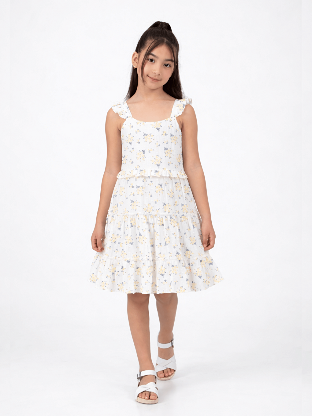 Sarı Kare Yaka Çiçek Desenli Kız Çocuk Elbise