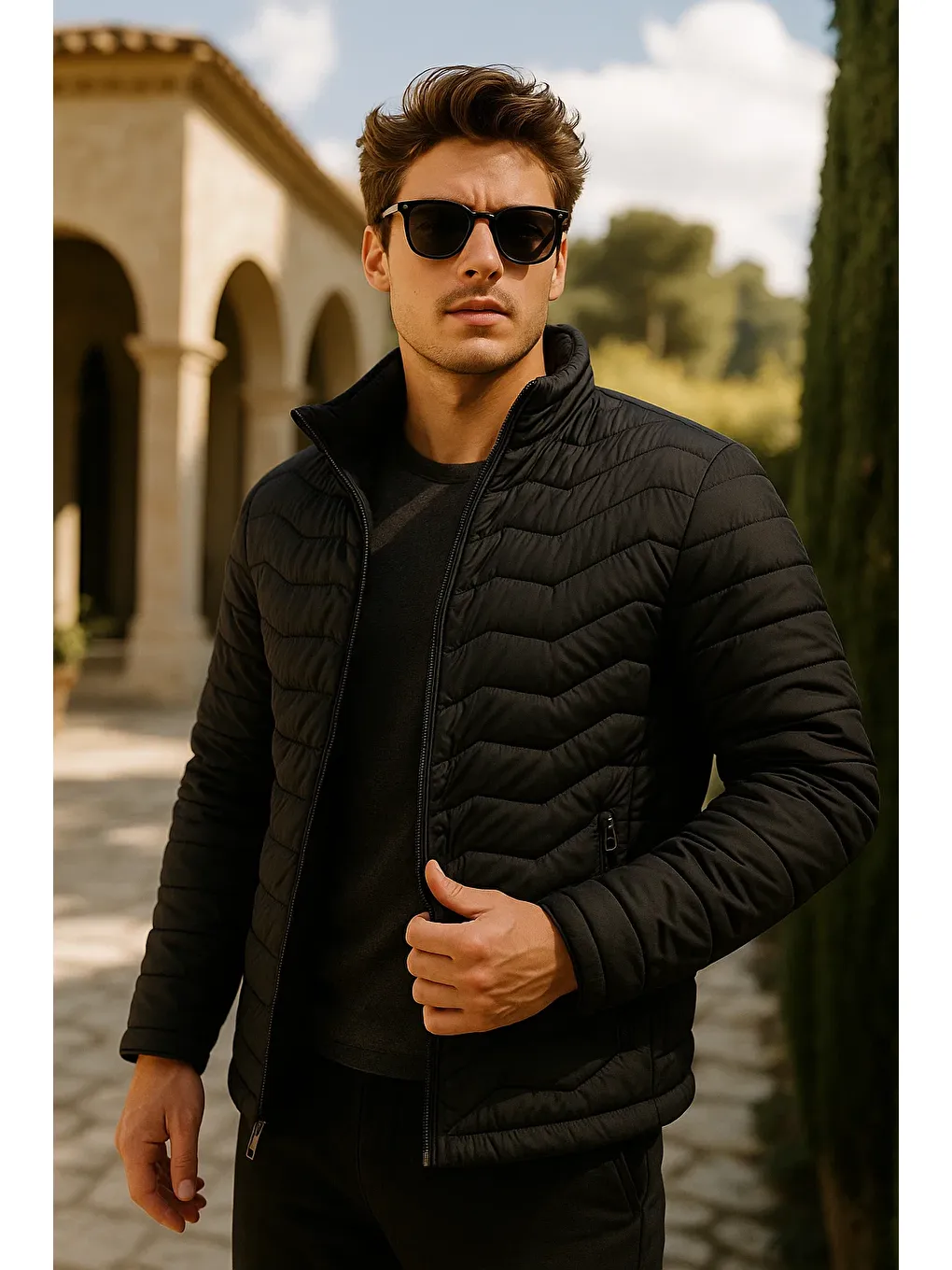 Erkek Fermuarlı Siyah Şişme Mont