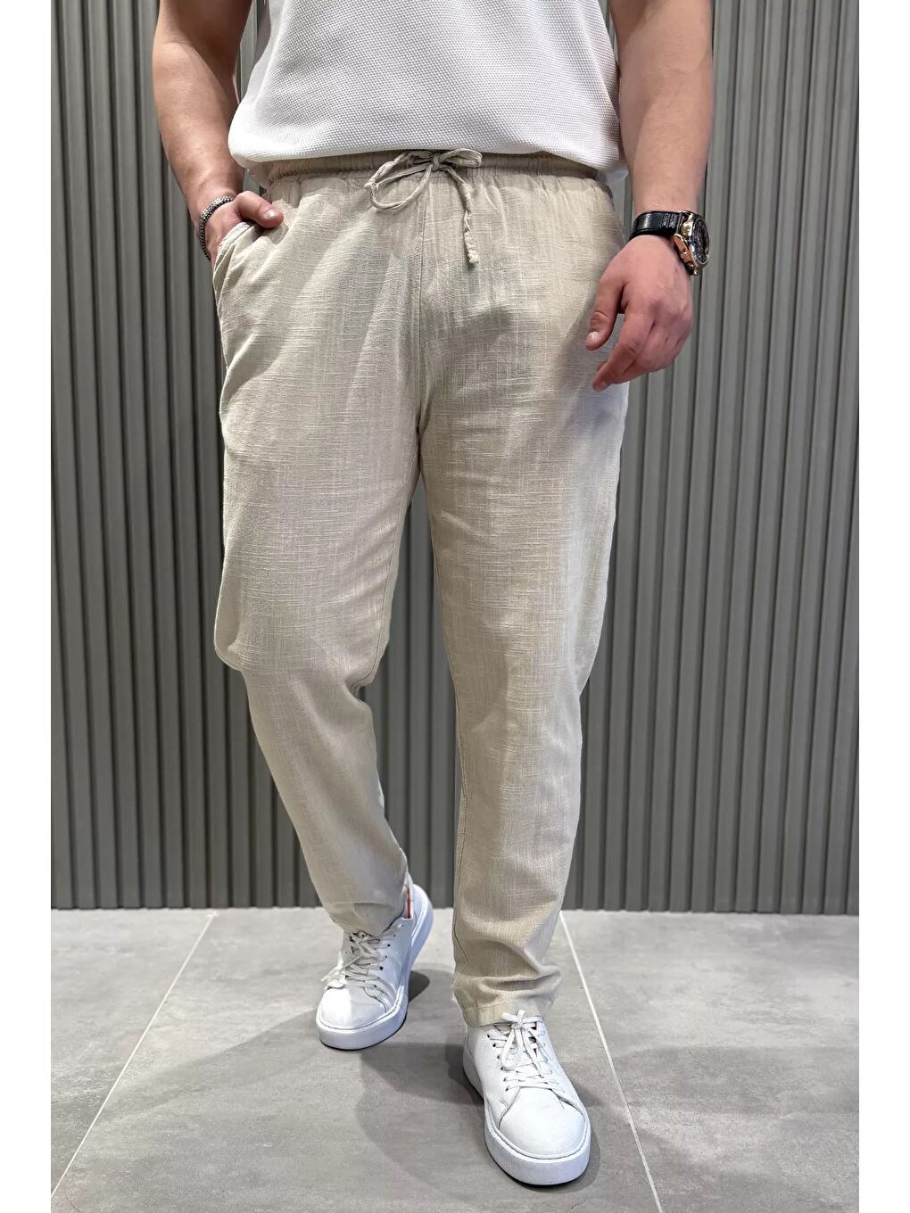 Bej Erkek Bel Bağlamalı Keten Jogger Pantolon