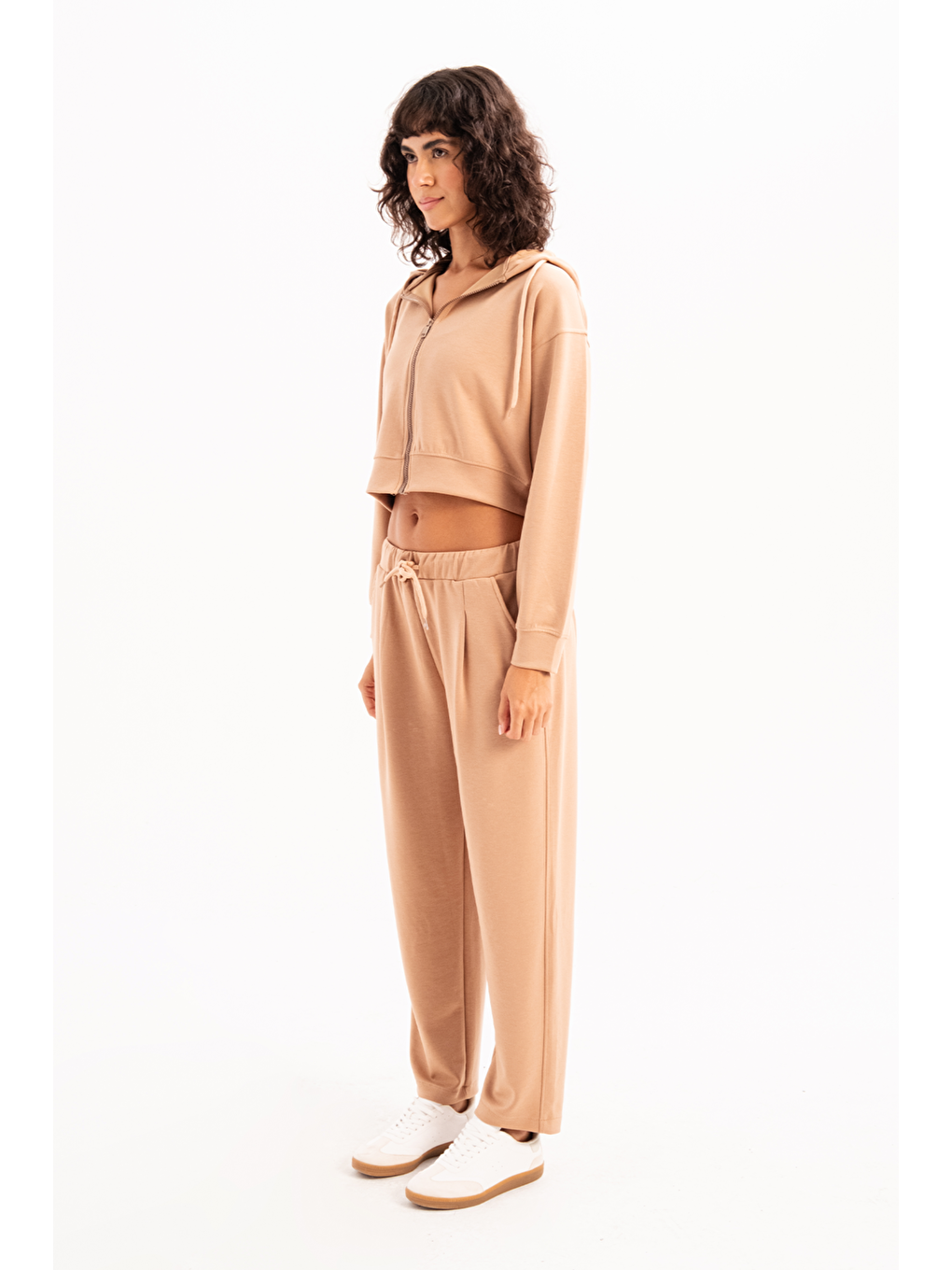 Bej Oversize Eşofman Altı Pantolon Fit Beli Lastikli Cepli Rahat Kesim Kadın Flex Vizon-2