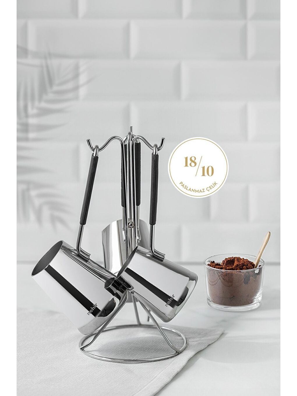 Gri Everest 4 Parça Standlı Paslanmaz Çelik Cezve Seti