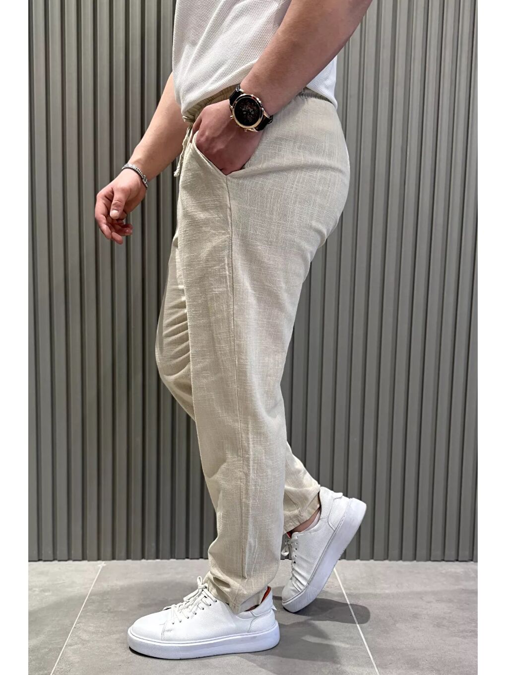 Bej Erkek Bel Bağlamalı Keten Jogger Pantolon-1