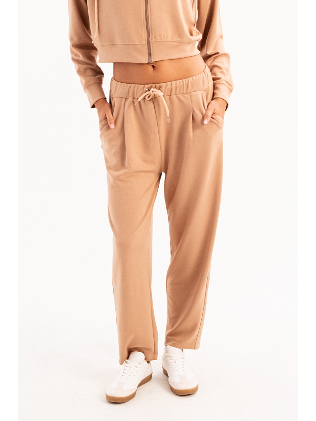 Bej Oversize Eşofman Altı Pantolon Fit Beli Lastikli Cepli Rahat Kesim Kadın Flex Vizon-3