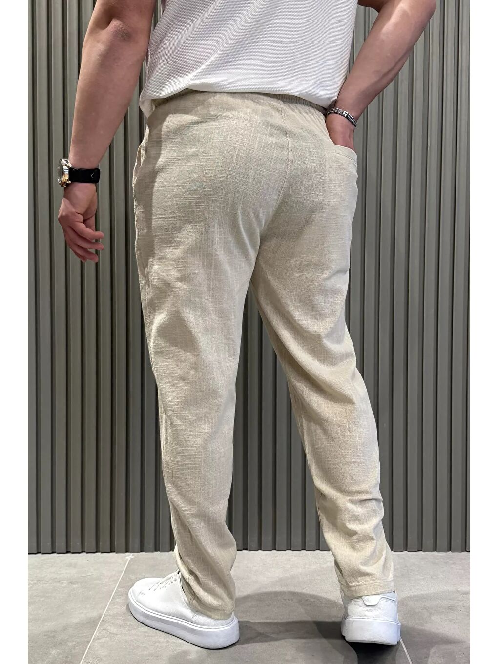 Bej Erkek Bel Bağlamalı Keten Jogger Pantolon-2