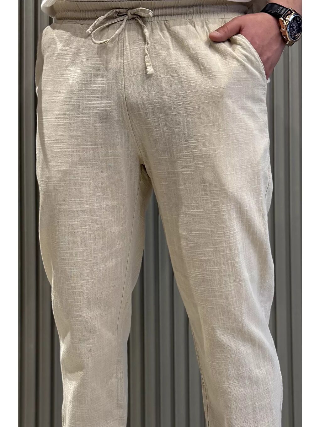 Bej Erkek Bel Bağlamalı Keten Jogger Pantolon-3