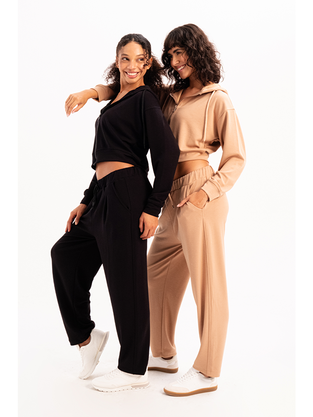 Bej Oversize Eşofman Altı Pantolon Fit Beli Lastikli Cepli Rahat Kesim Kadın Flex Vizon-5