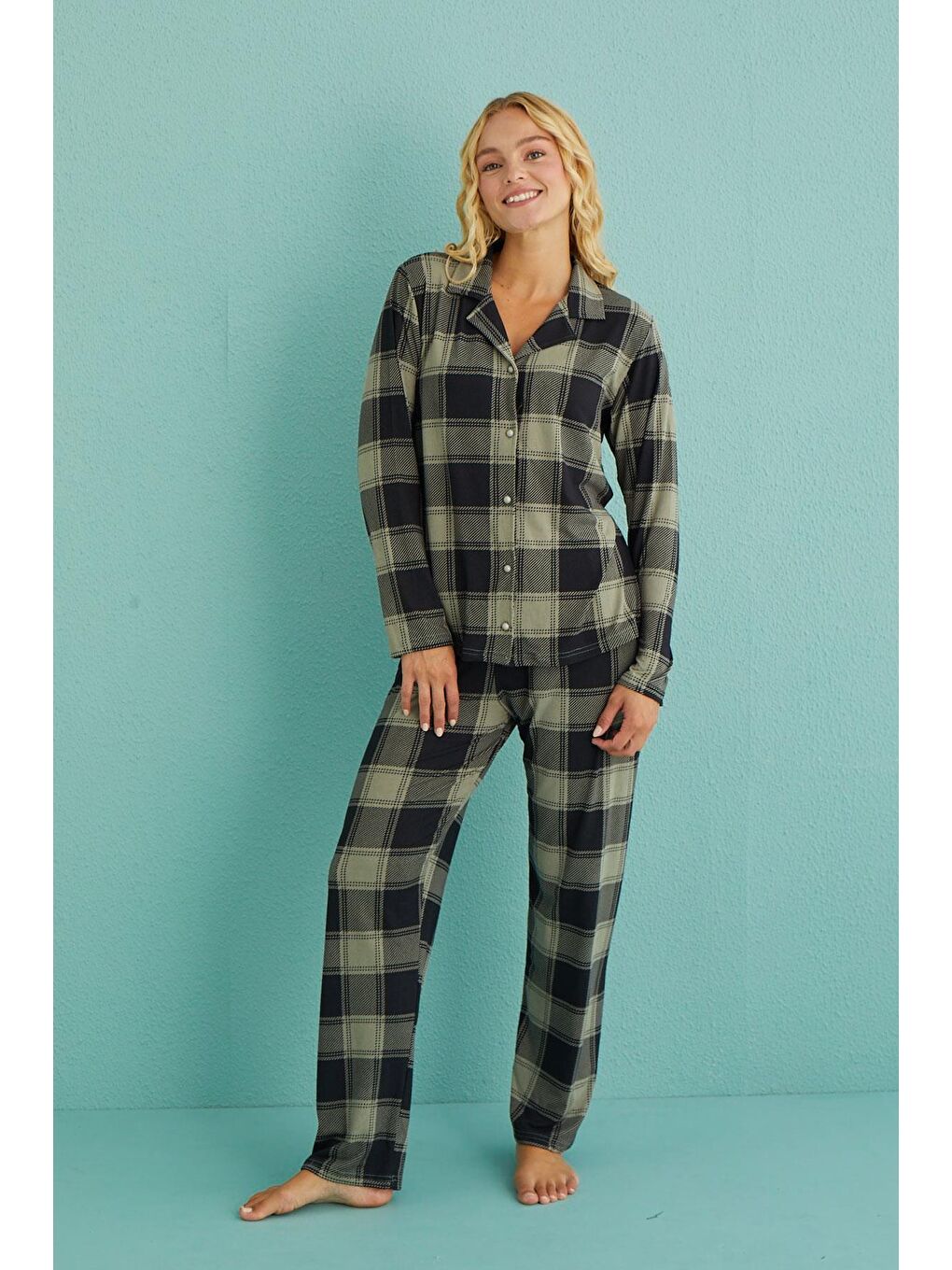 Kadın Genç Önden Düğmeli Uzun Kollu Pijama Takımı | Haki 50701-64-1