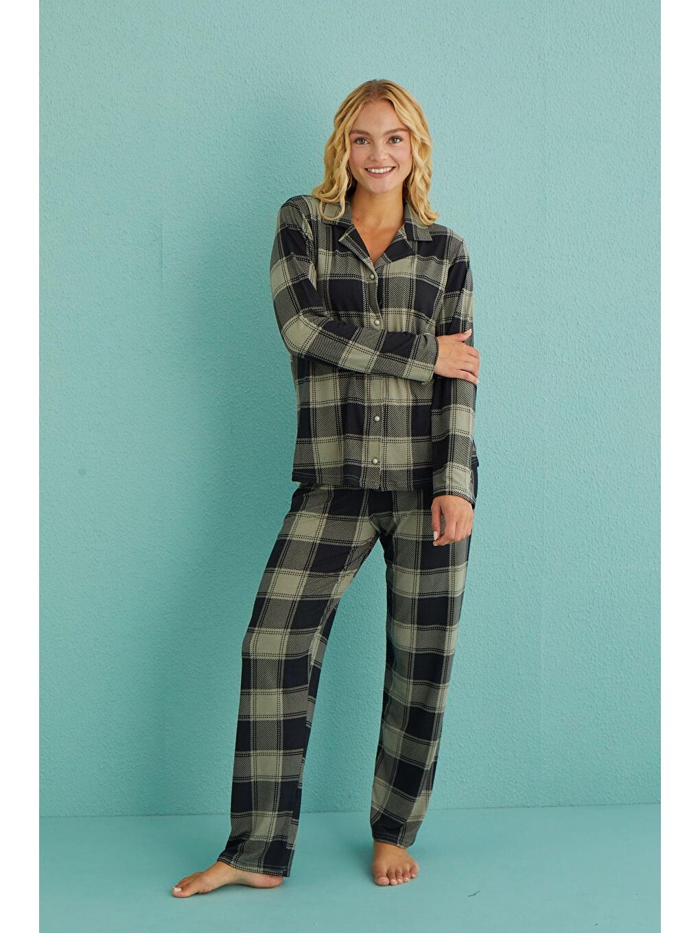 Kadın Genç Önden Düğmeli Uzun Kollu Pijama Takımı | Haki 50701-64-2