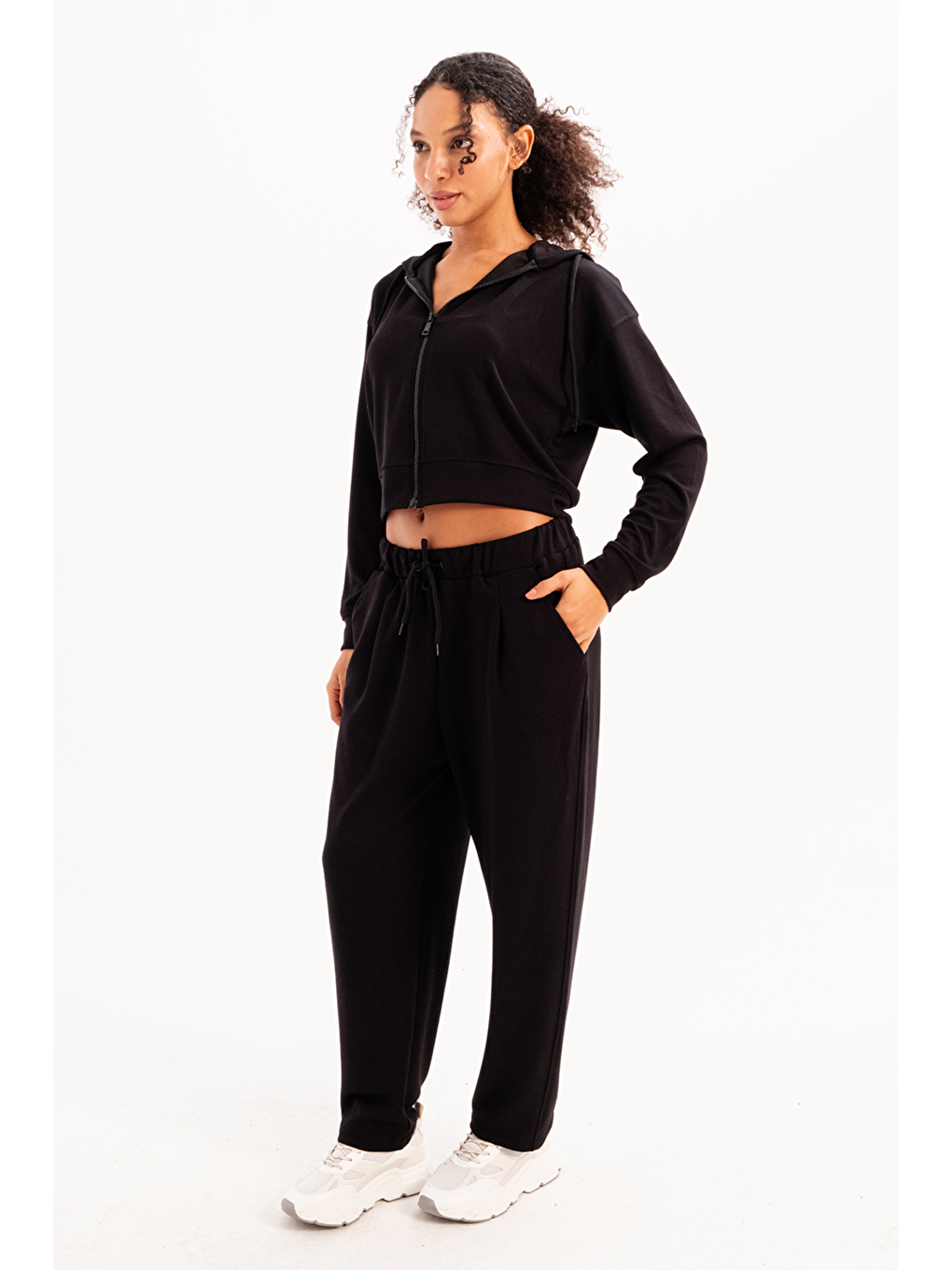 Oversize Eşofman Altı Pantolon Fit Beli Lastikli Cepli Rahat Kesim Kadın Flex Siyah