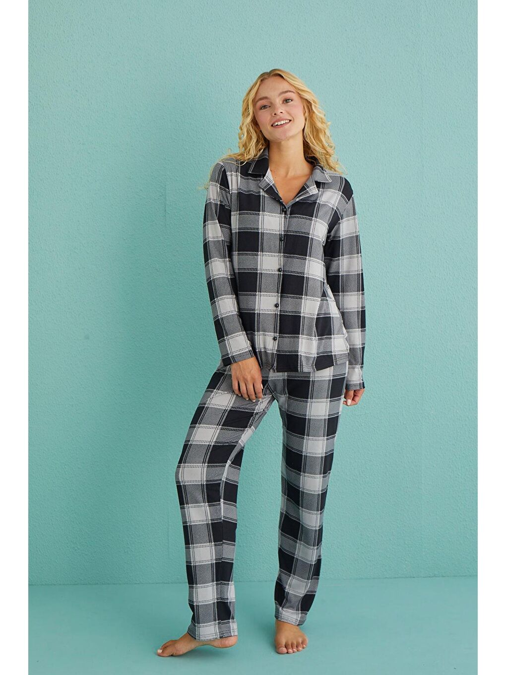 Kadın Genç Önden Düğmeli Uzun Kollu Pijama Takımı | Gri 50701-63