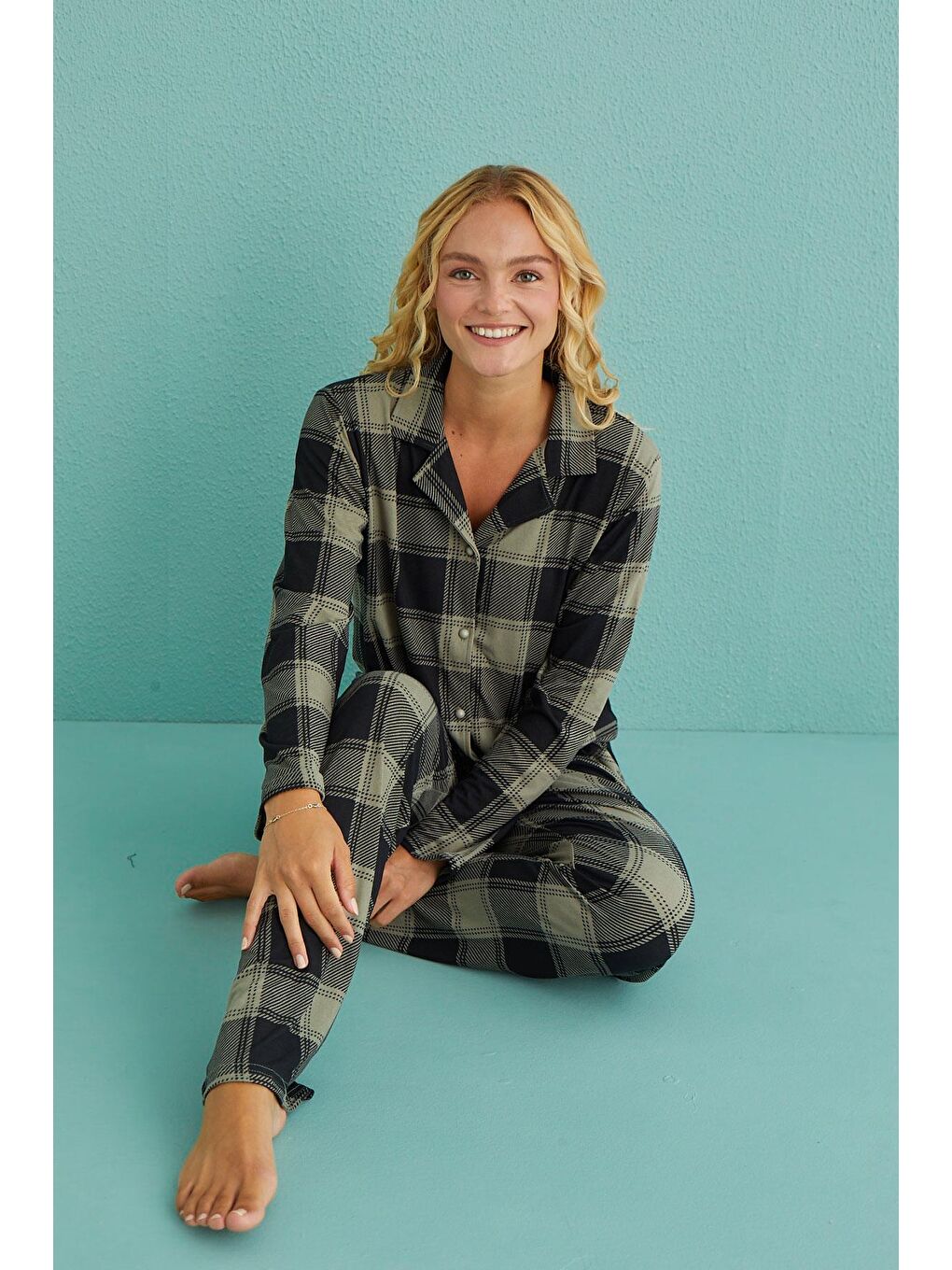 Kadın Genç Önden Düğmeli Uzun Kollu Pijama Takımı | Haki 50701-64-4