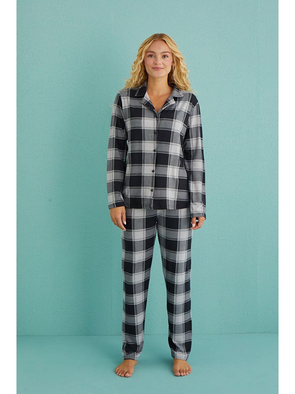 Kadın Genç Önden Düğmeli Uzun Kollu Pijama Takımı | Gri 50701-63-1