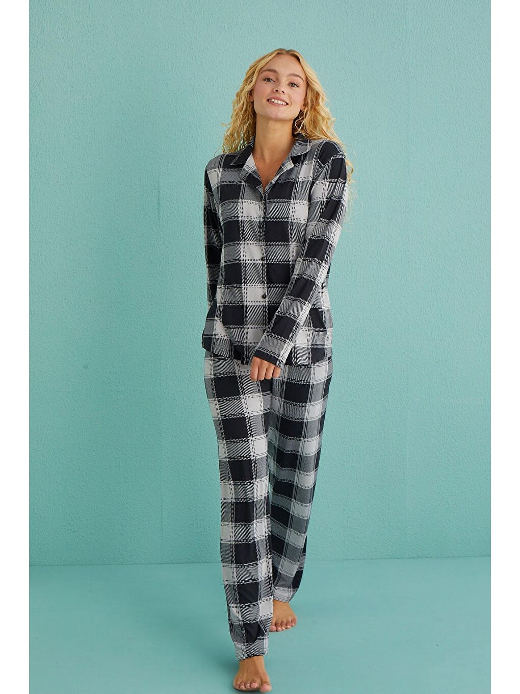 Kadın Genç Önden Düğmeli Uzun Kollu Pijama Takımı | Gri 50701-63-2