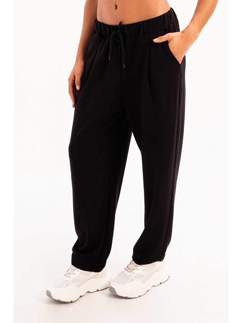 Oversize Eşofman Altı Pantolon Fit Beli Lastikli Cepli Rahat Kesim Kadın Flex Siyah-3