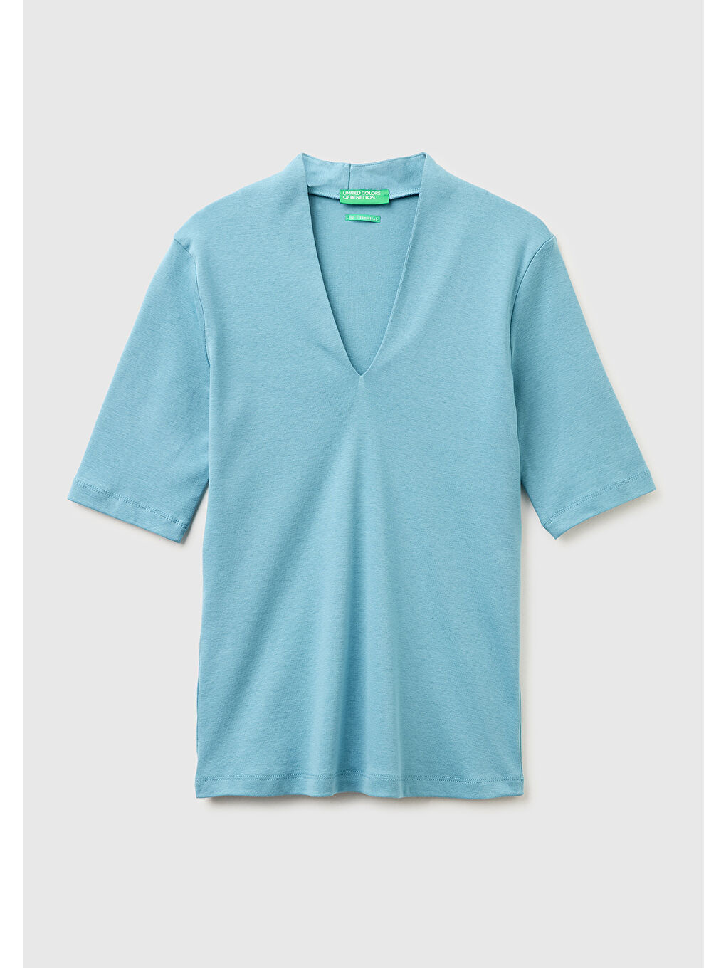 Kadın Mavi %100 Pamuk Yarım Kollu Derin V Yaka T-Shirt