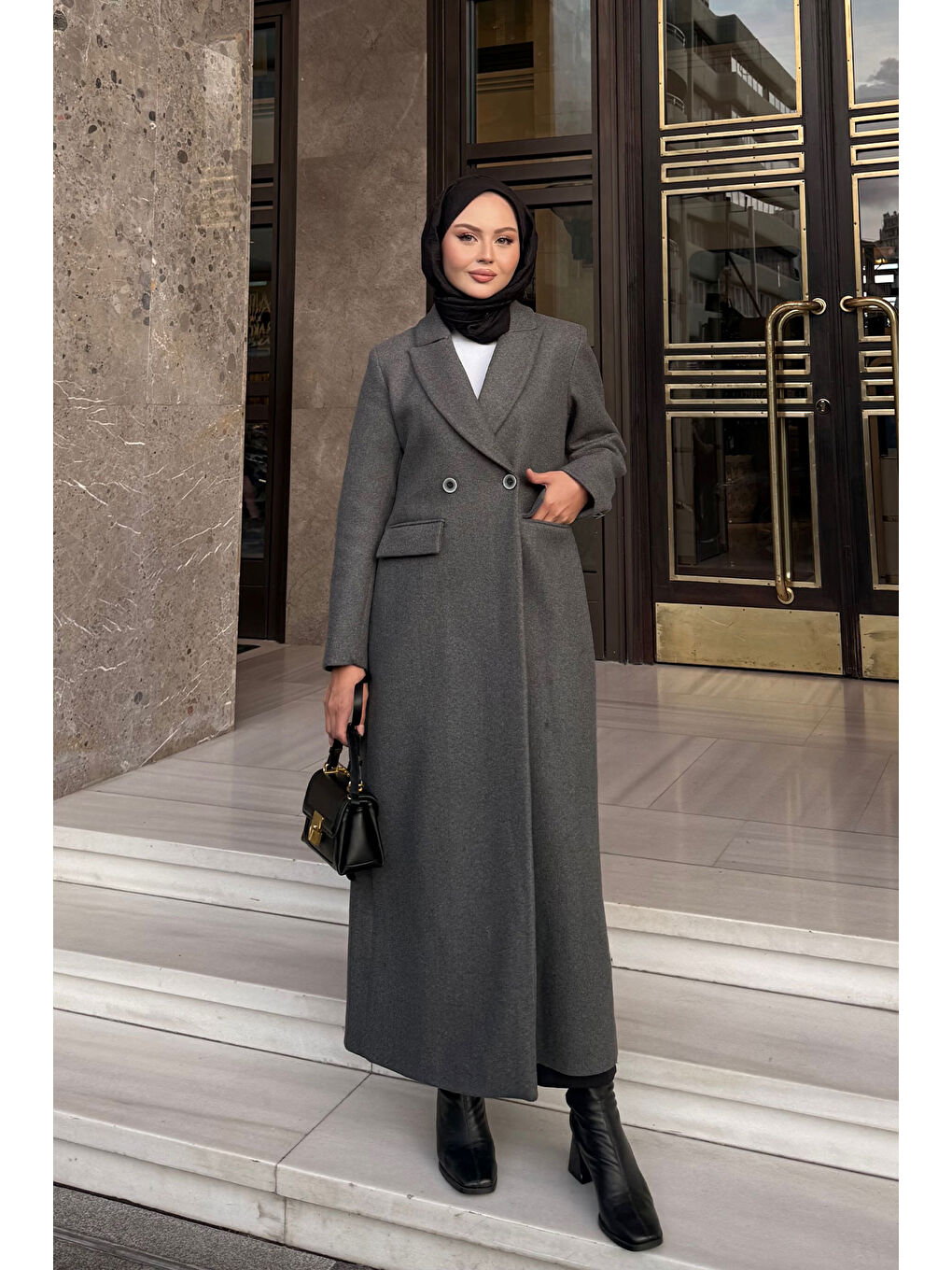 Kadın Arka Düğme Detaylı Kaşe Kaban Antrasit