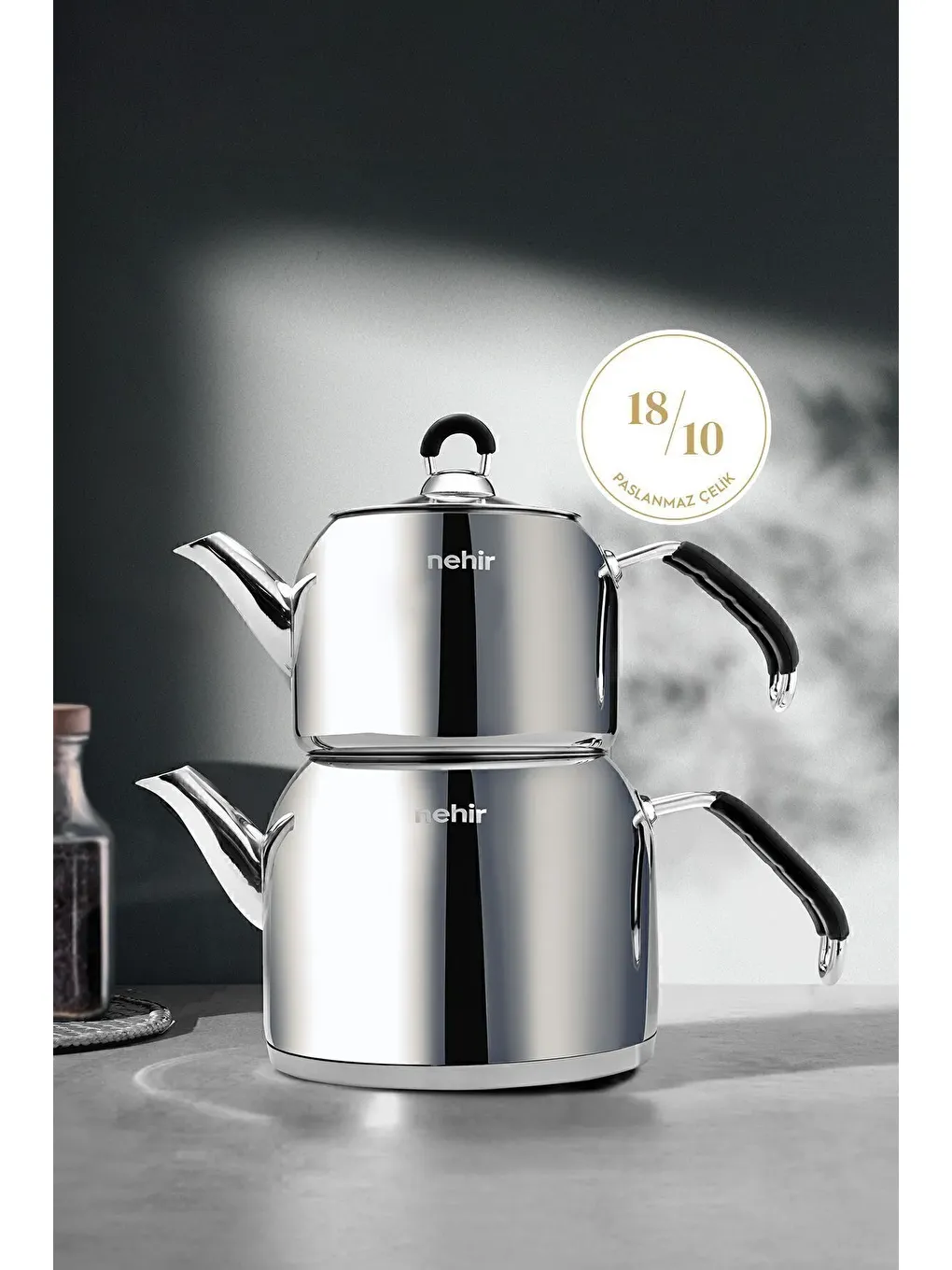 Gri Modern Maxi Büyük Boy Paslanmaz Çelik 1.6-2.5 Lt. Çaydanlık Takımı