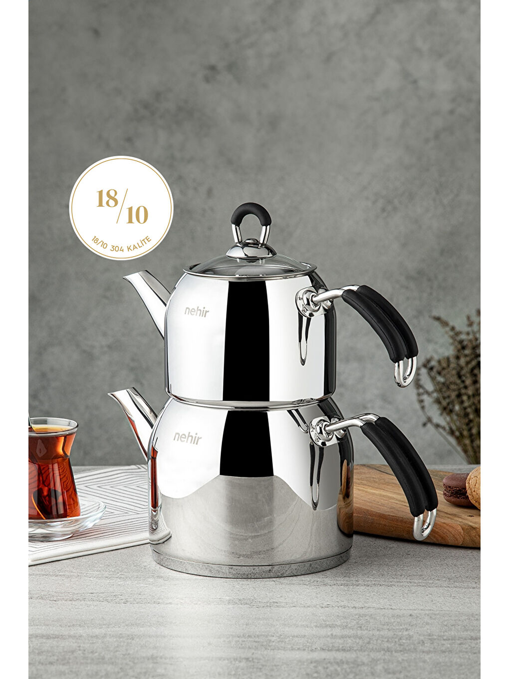 Gri Modern Maxi Büyük Boy Paslanmaz Çelik 1.6-2.5 Lt. Çaydanlık Takımı-1