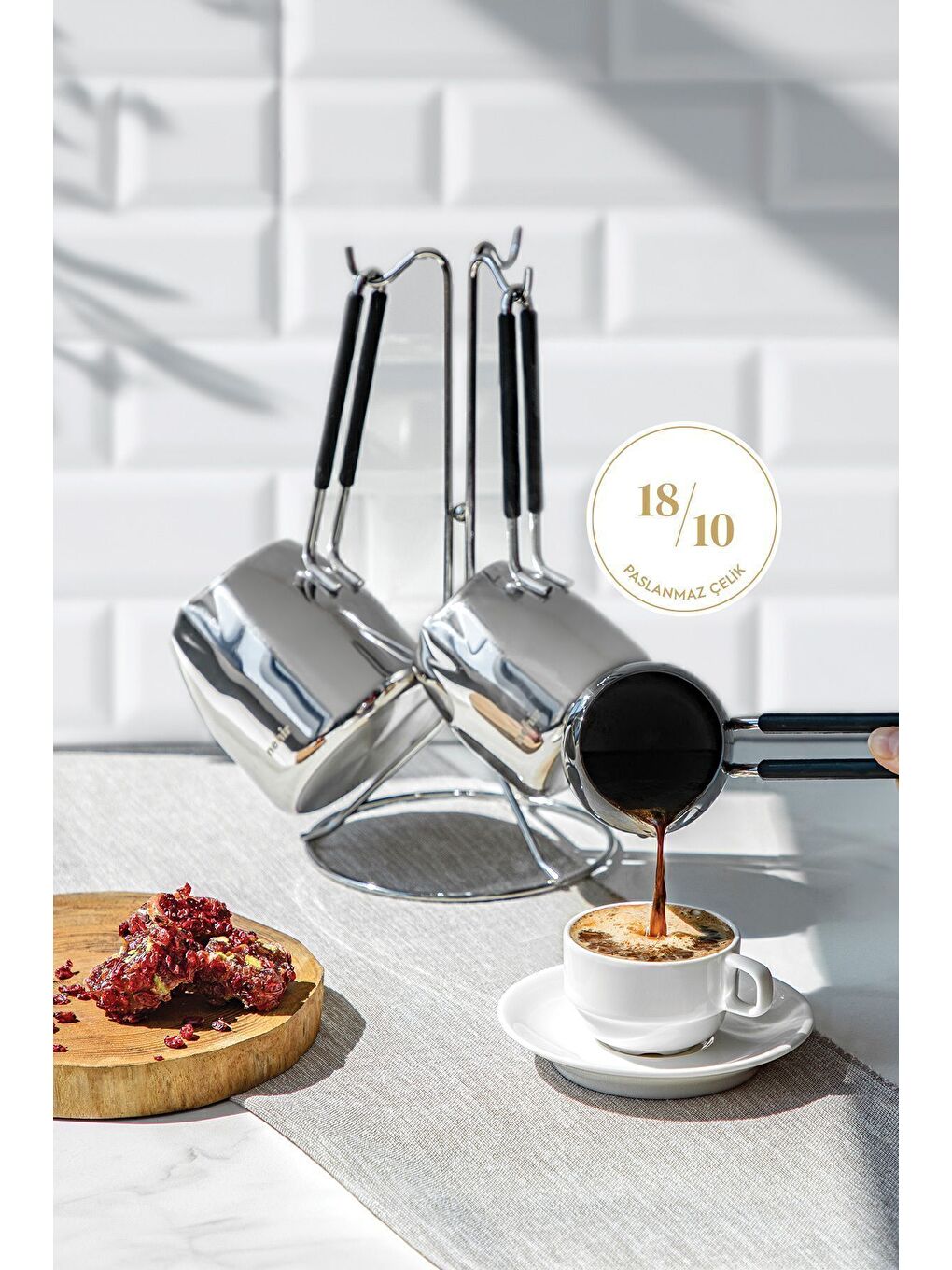 Gri Modern 4 Parça Standlı Paslanmaz Çelik Cezve Seti