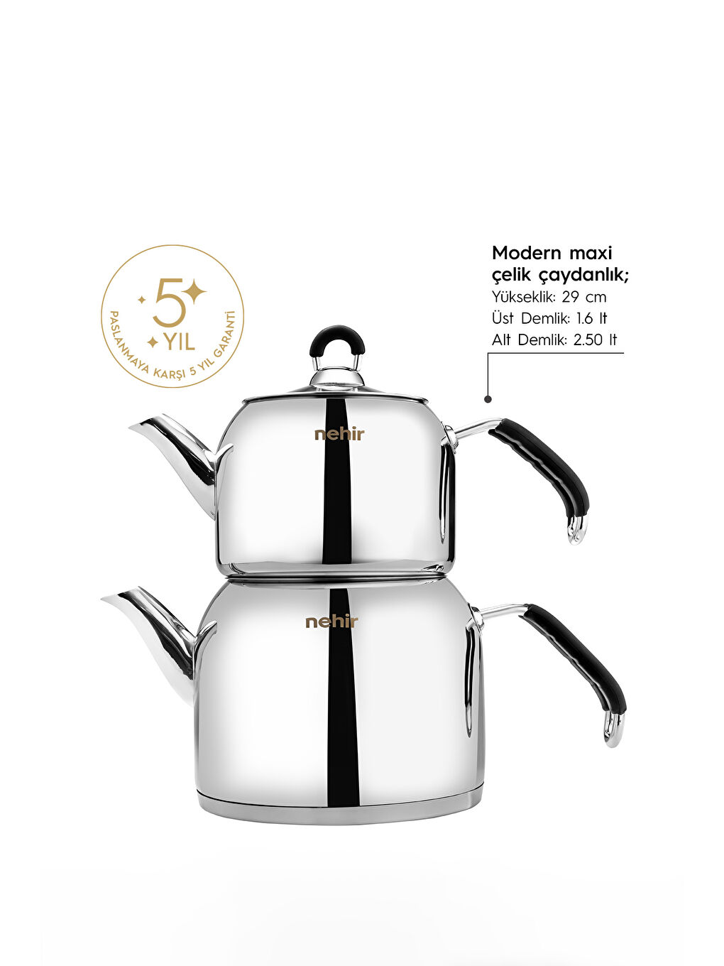 Gri Modern Maxi Büyük Boy Paslanmaz Çelik 1.6-2.5 Lt. Çaydanlık Takımı-2