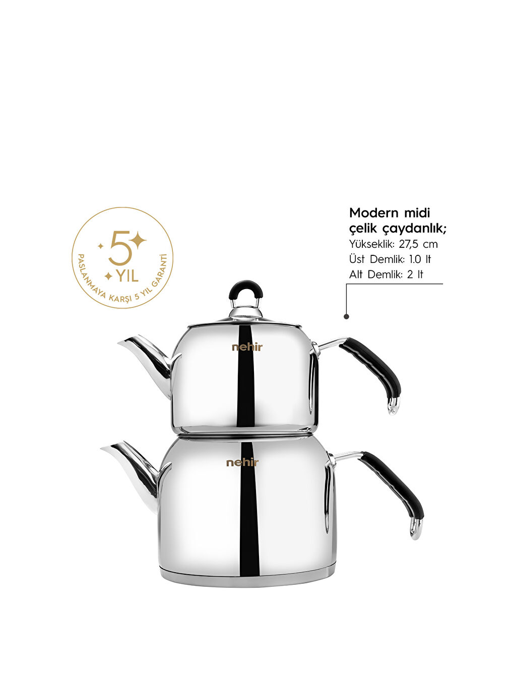 Gri Modern Maxi Büyük Boy Paslanmaz Çelik 1.6-2.5 Lt. Çaydanlık Takımı-3