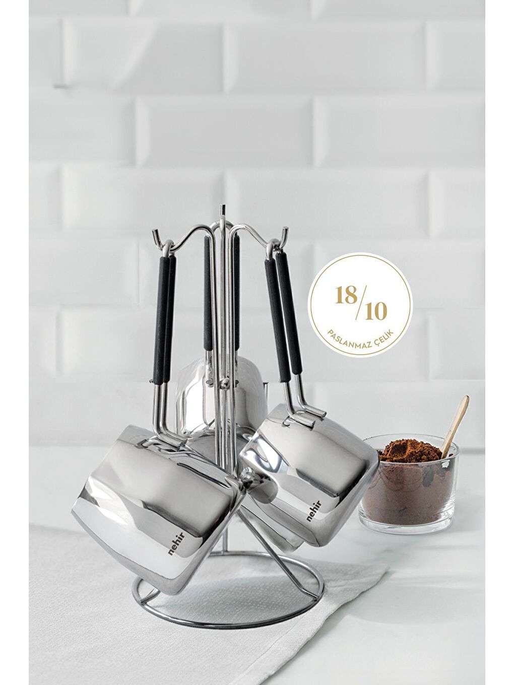 Gri Modern 4 Parça Standlı Paslanmaz Çelik Cezve Seti-1