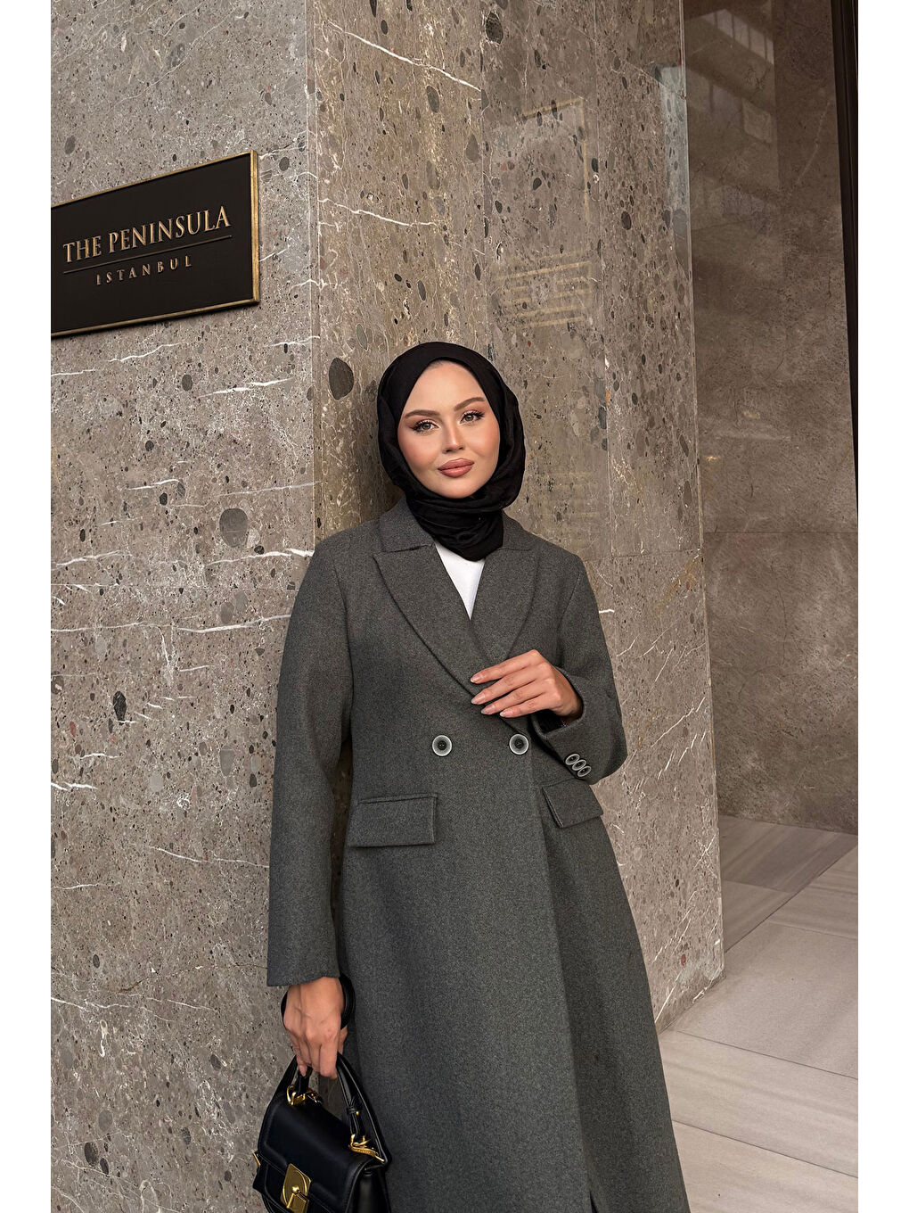 Kadın Arka Düğme Detaylı Kaşe Kaban Antrasit-1