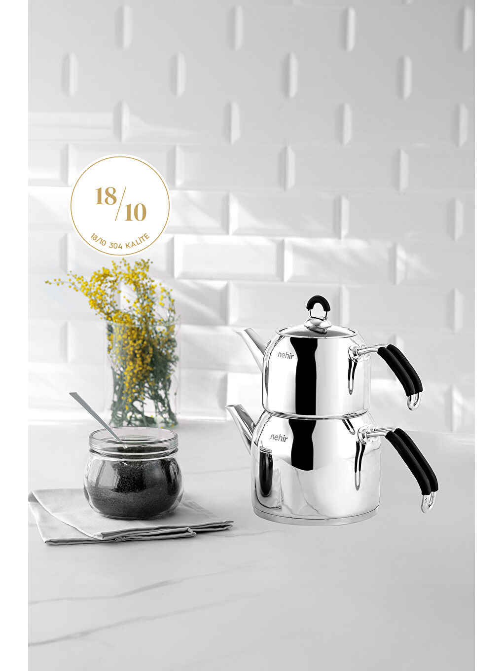 Gri Modern Maxi Büyük Boy Paslanmaz Çelik 1.6-2.5 Lt. Çaydanlık Takımı-6