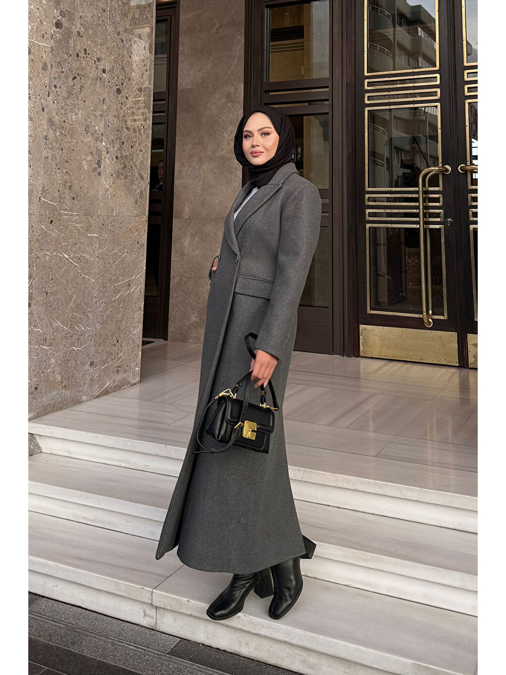 Kadın Arka Düğme Detaylı Kaşe Kaban Antrasit-2