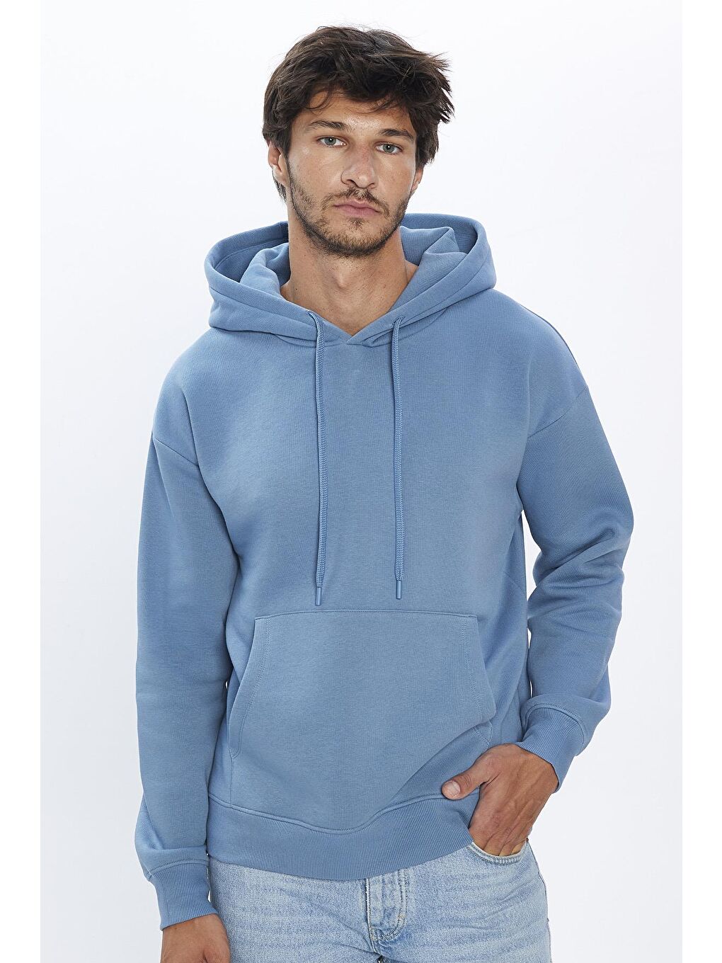 TUDORS İndigo Unisex Oversize Geniş Kesim Pamuklu Yumuşak Dokulu İçi Polarlı Basic İndigo Kapüşonlu Sweatshirt