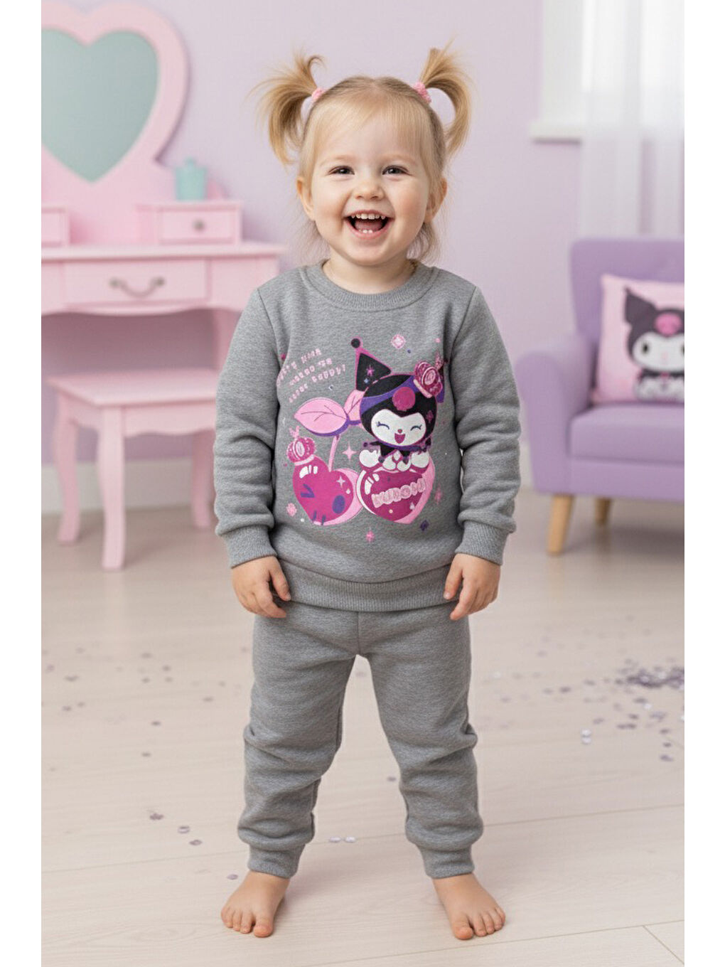 Kız Çocuk Gri Baskılı Üç İplik Şardonlu Takım - 27966-GRI