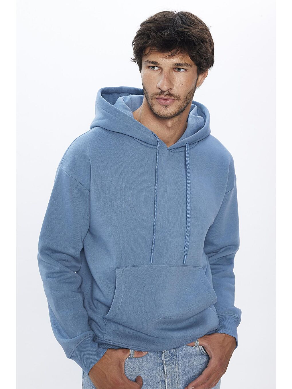 TUDORS İndigo Unisex Oversize Geniş Kesim Pamuklu Yumuşak Dokulu İçi Polarlı Basic İndigo Kapüşonlu Sweatshirt - 1