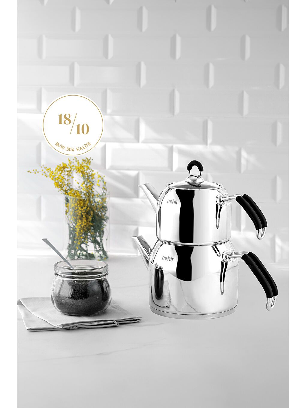 Gri Modern Maxi Büyük Boy Paslanmaz Çelik 1.6-2.5 Lt. Çaydanlık Takımı-8