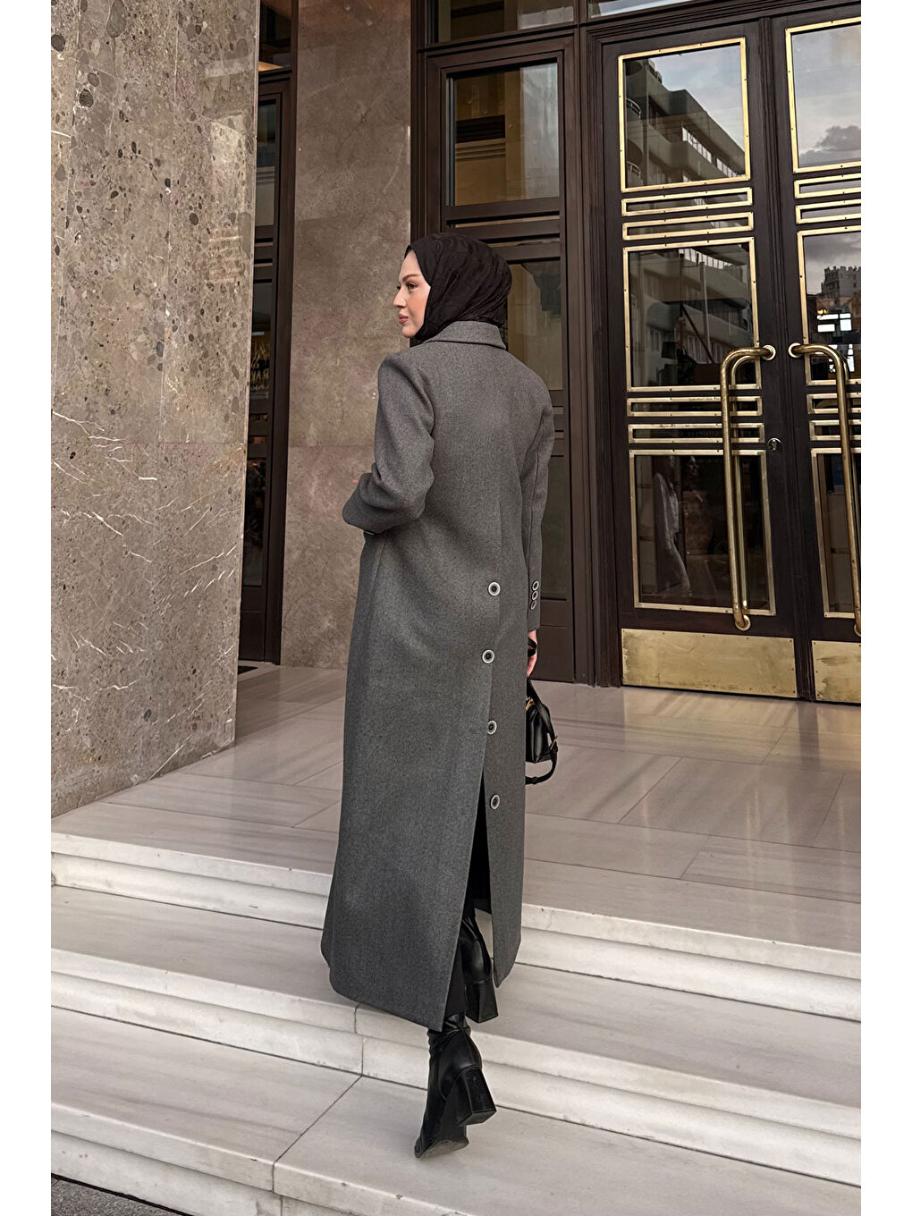 Kadın Arka Düğme Detaylı Kaşe Kaban Antrasit-3